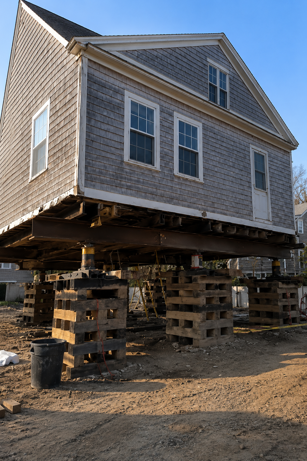 House lifting in progress in Cape Cod MA by Ocazo Construction